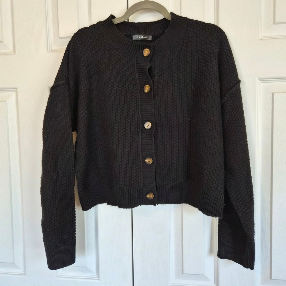 Fashion Black Waffle Knit Button Front Cropped Cardigan Womens Large Academia